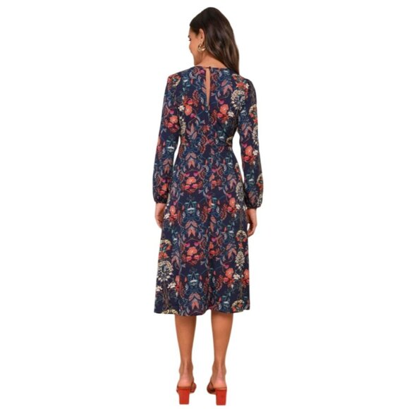 I.Madeline Garden Splendor Navy Blue Floral Print Long Sleeve Midi Dress Size M - Picture 3 of 13